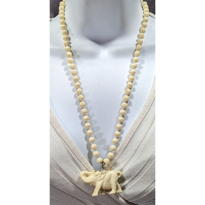 Vintage 60s Celluloid Elephant Pendant Necklace With Flower Beads