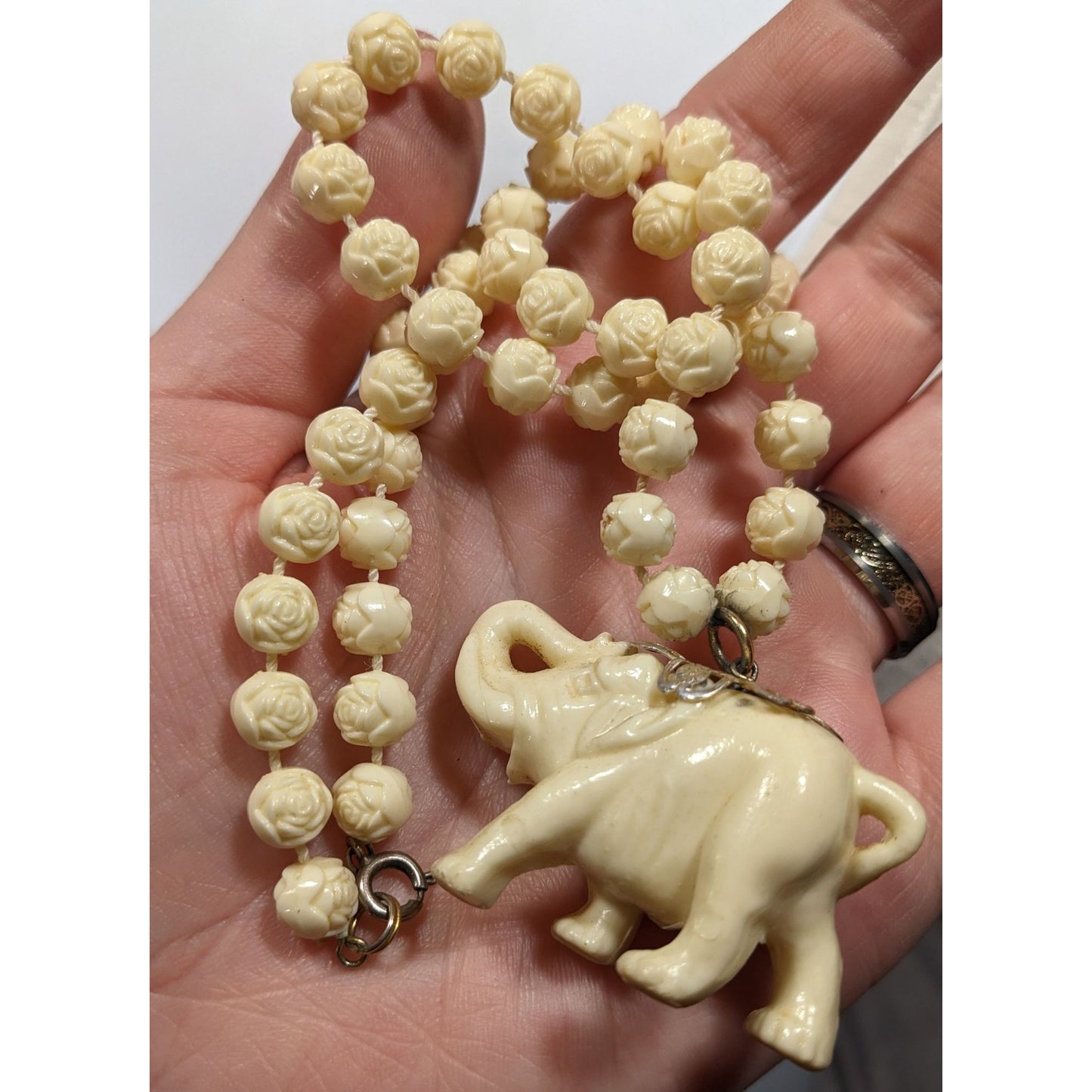 Vintage 60s Celluloid Elephant Pendant Necklace With Flower Beads