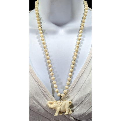 Vintage 60s Celluloid Elephant Pendant Necklace With Flower Beads