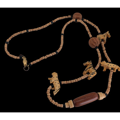 Safari Boho Tribal Vintage Wood Zebra Animal Beaded Necklace