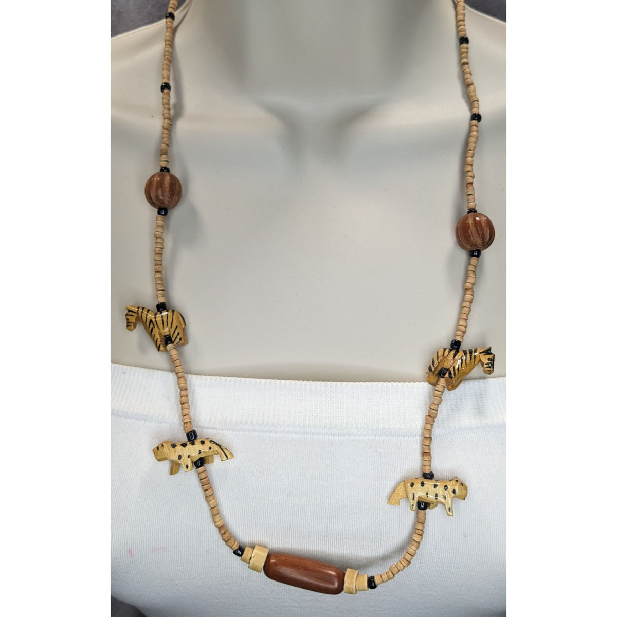 Safari Boho Tribal Vintage Wood Zebra Animal Beaded Necklace