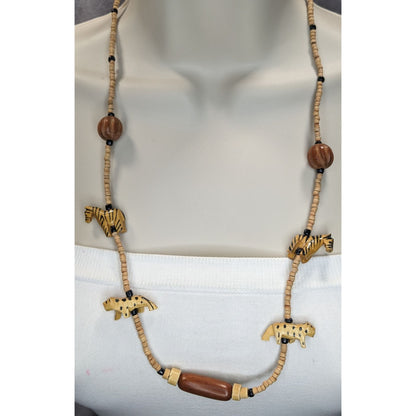 Safari Boho Tribal Vintage Wood Zebra Animal Beaded Necklace