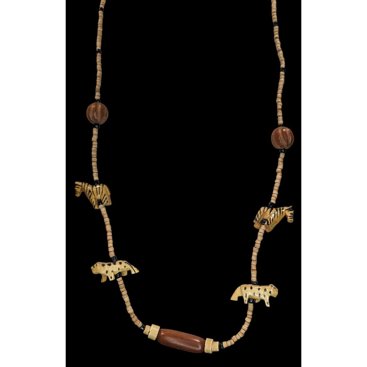 Safari Boho Tribal Vintage Wood Zebra Animal Beaded Necklace