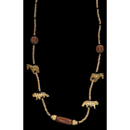 Safari Boho Tribal Vintage Wood Zebra Animal Beaded Necklace