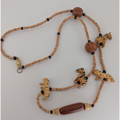 Safari Boho Tribal Vintage Wood Zebra Animal Beaded Necklace