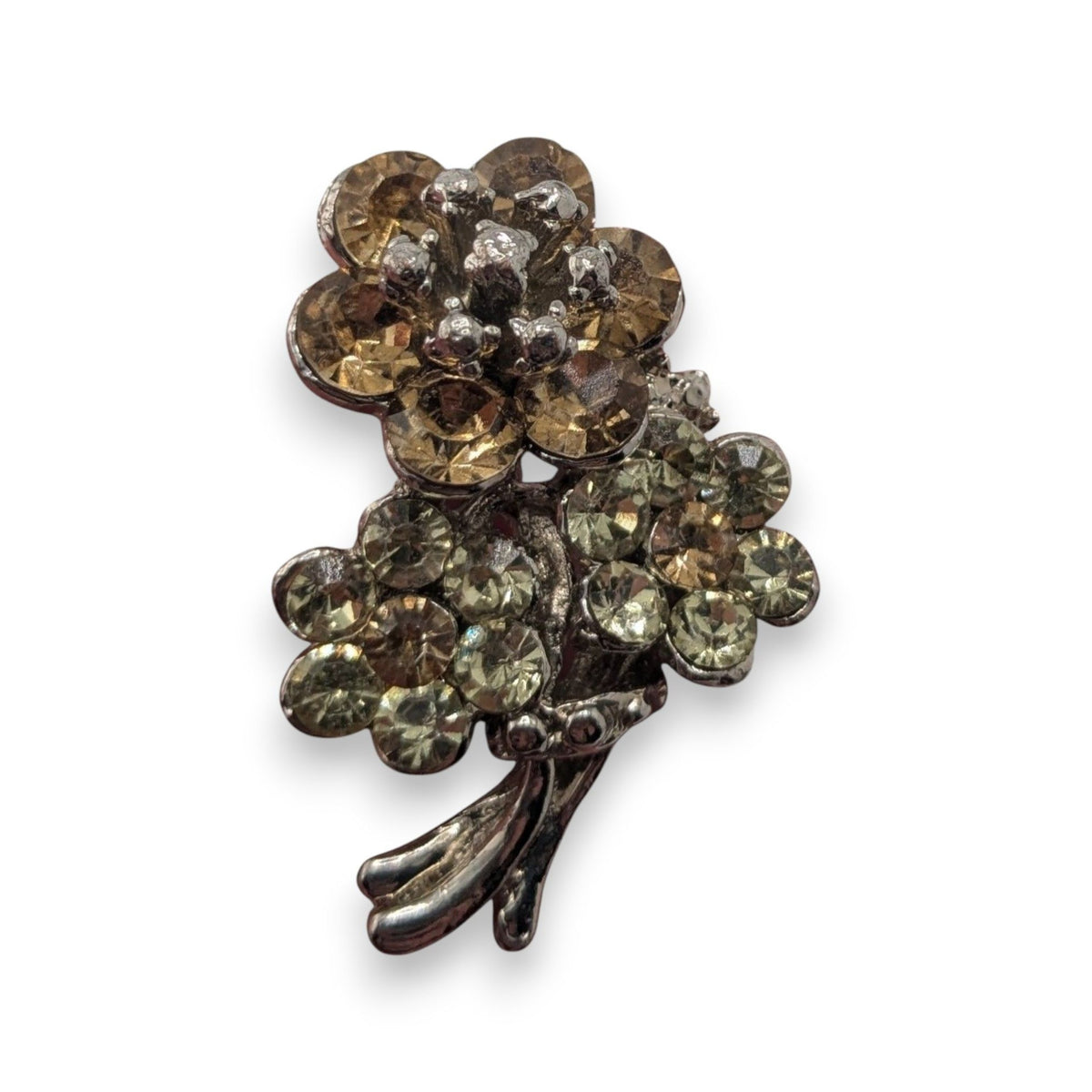 Vintage Glam Floral Rhinestone Bouquet Brooch Champagne Silver Tone