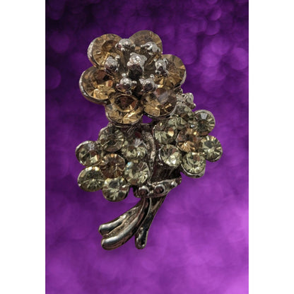 Vintage Glam Floral Rhinestone Bouquet Brooch Champagne Silver Tone