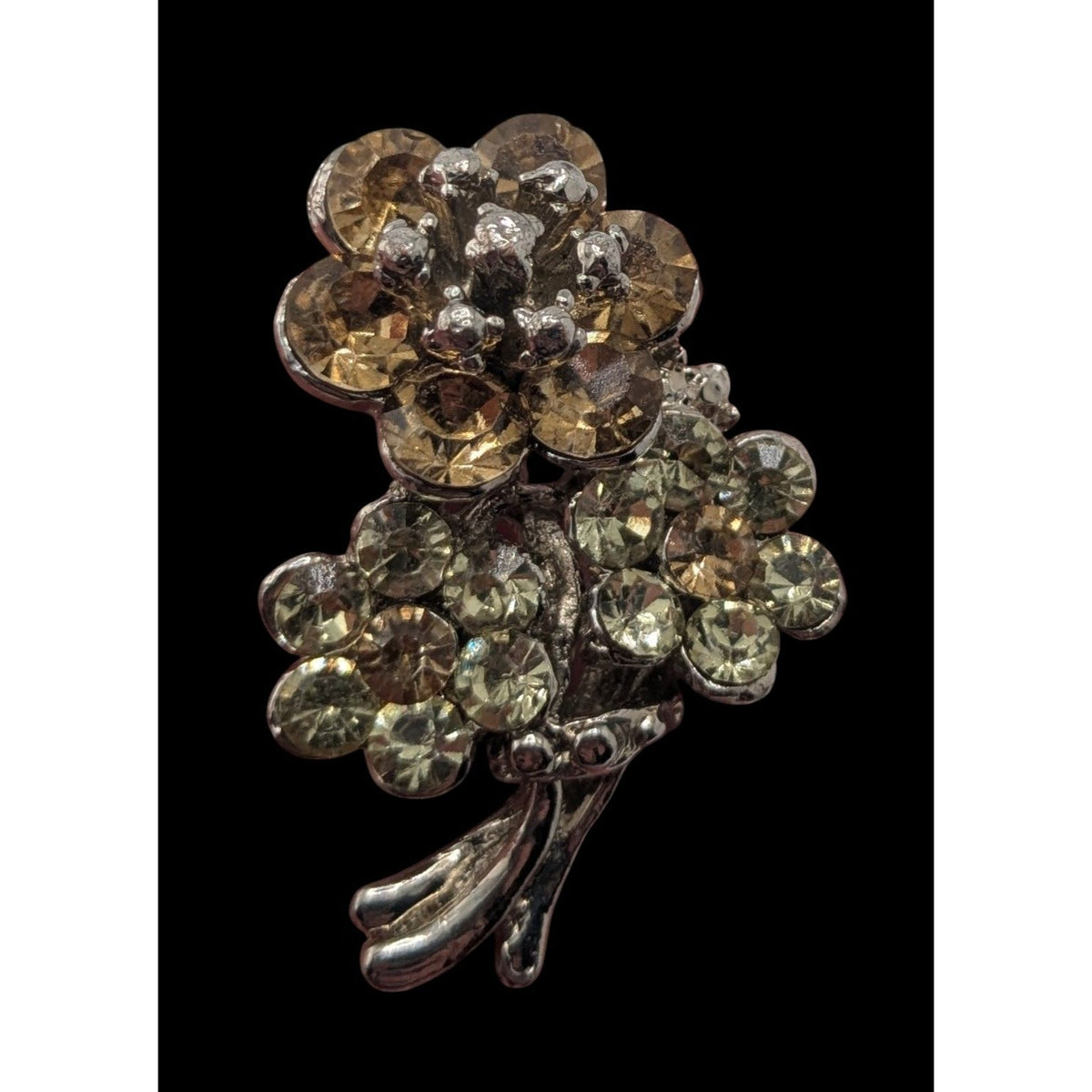 Vintage Glam Floral Rhinestone Bouquet Brooch Champagne Silver Tone