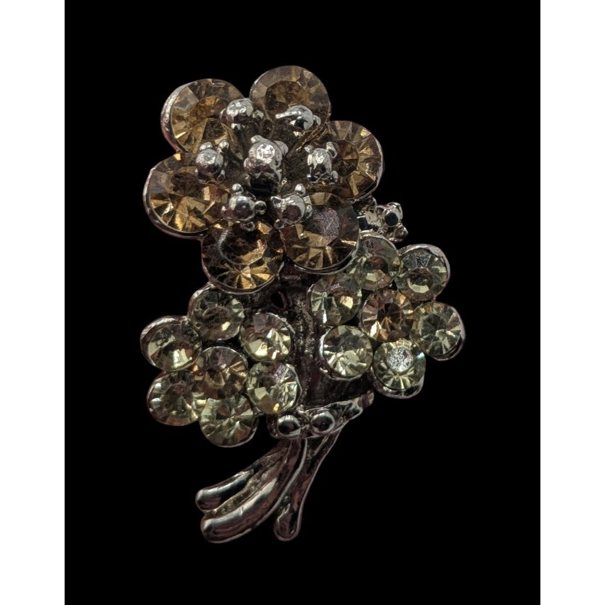 Vintage Glam Floral Rhinestone Bouquet Brooch Champagne Silver Tone