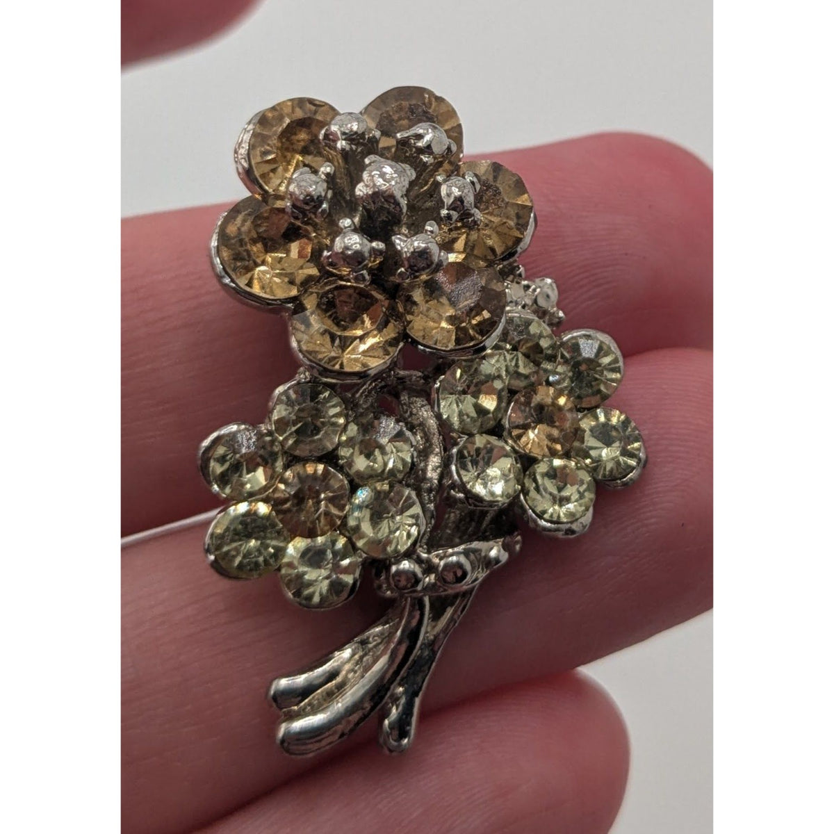 Vintage Glam Floral Rhinestone Bouquet Brooch Champagne Silver Tone