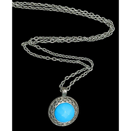 Bohemian Blue Pendant Necklace With Silver Tone Bezel And Chain
