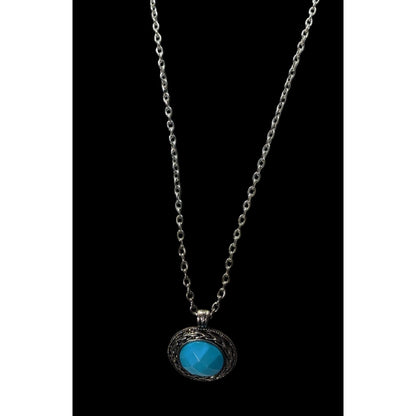 Bohemian Blue Pendant Necklace With Silver Tone Bezel And Chain