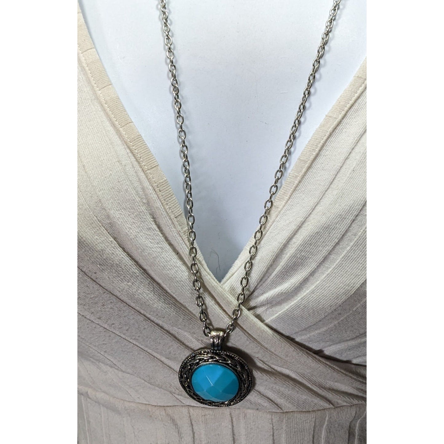 Bohemian Blue Pendant Necklace With Silver Tone Bezel And Chain