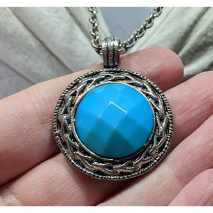 Bohemian Blue Pendant Necklace With Silver Tone Bezel And Chain