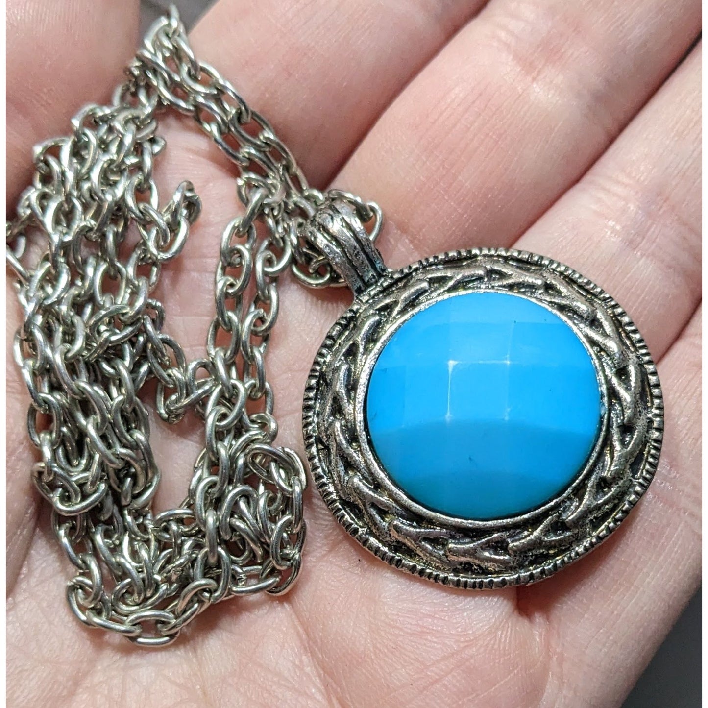 Bohemian Blue Pendant Necklace With Silver Tone Bezel And Chain