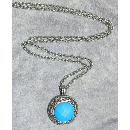 Bohemian Blue Pendant Necklace With Silver Tone Bezel And Chain