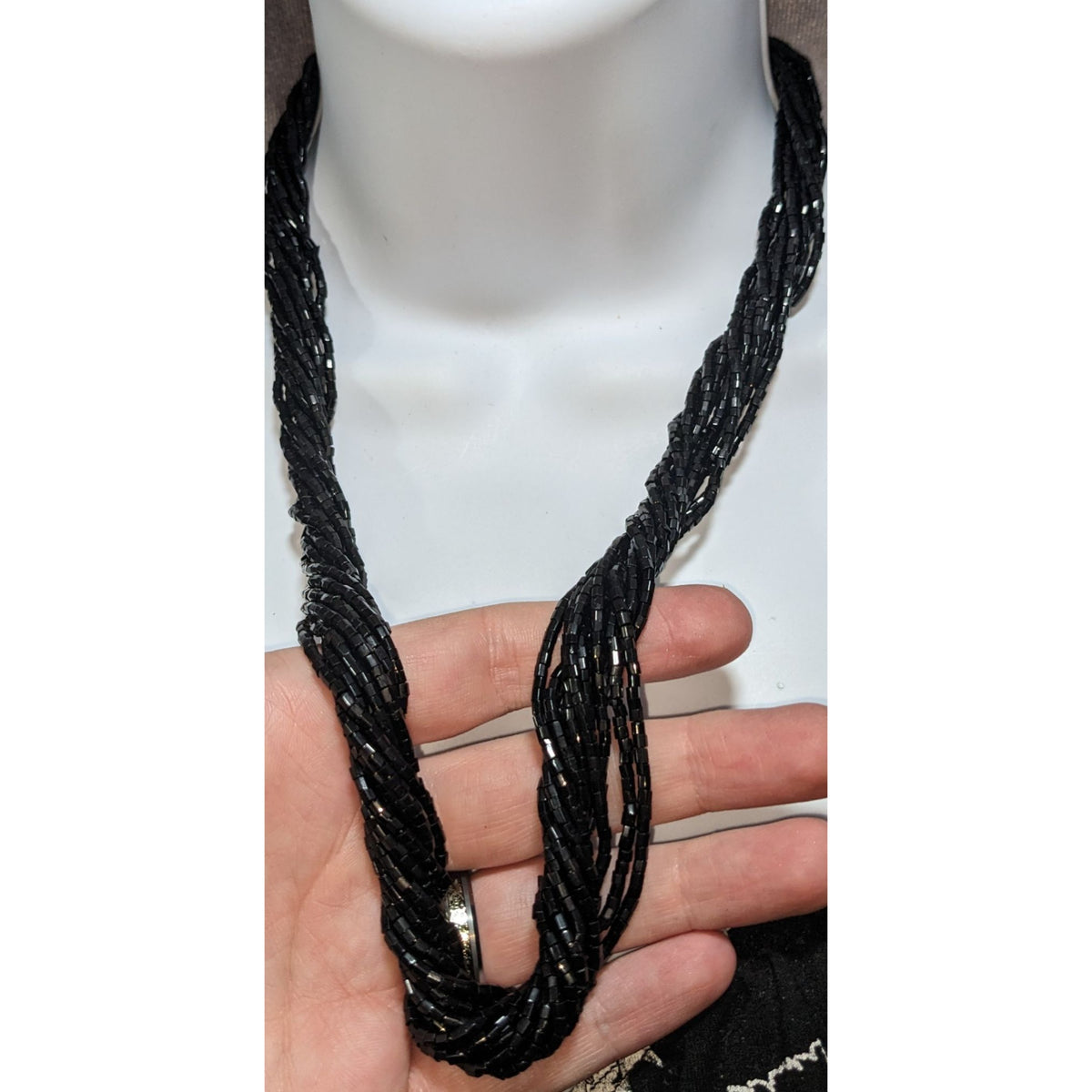 Gothic Glam Black Glass Beaded Twisted Multi Strand Necklace 23 Inch
