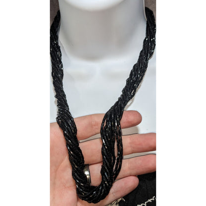 Gothic Glam Black Glass Beaded Twisted Multi Strand Necklace 23 Inch