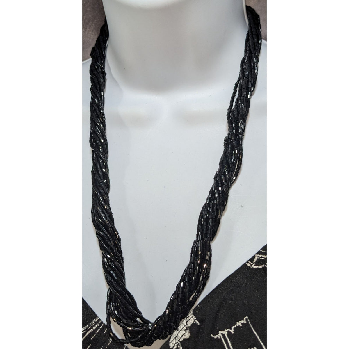 Gothic Glam Black Glass Beaded Twisted Multi Strand Necklace 23 Inch