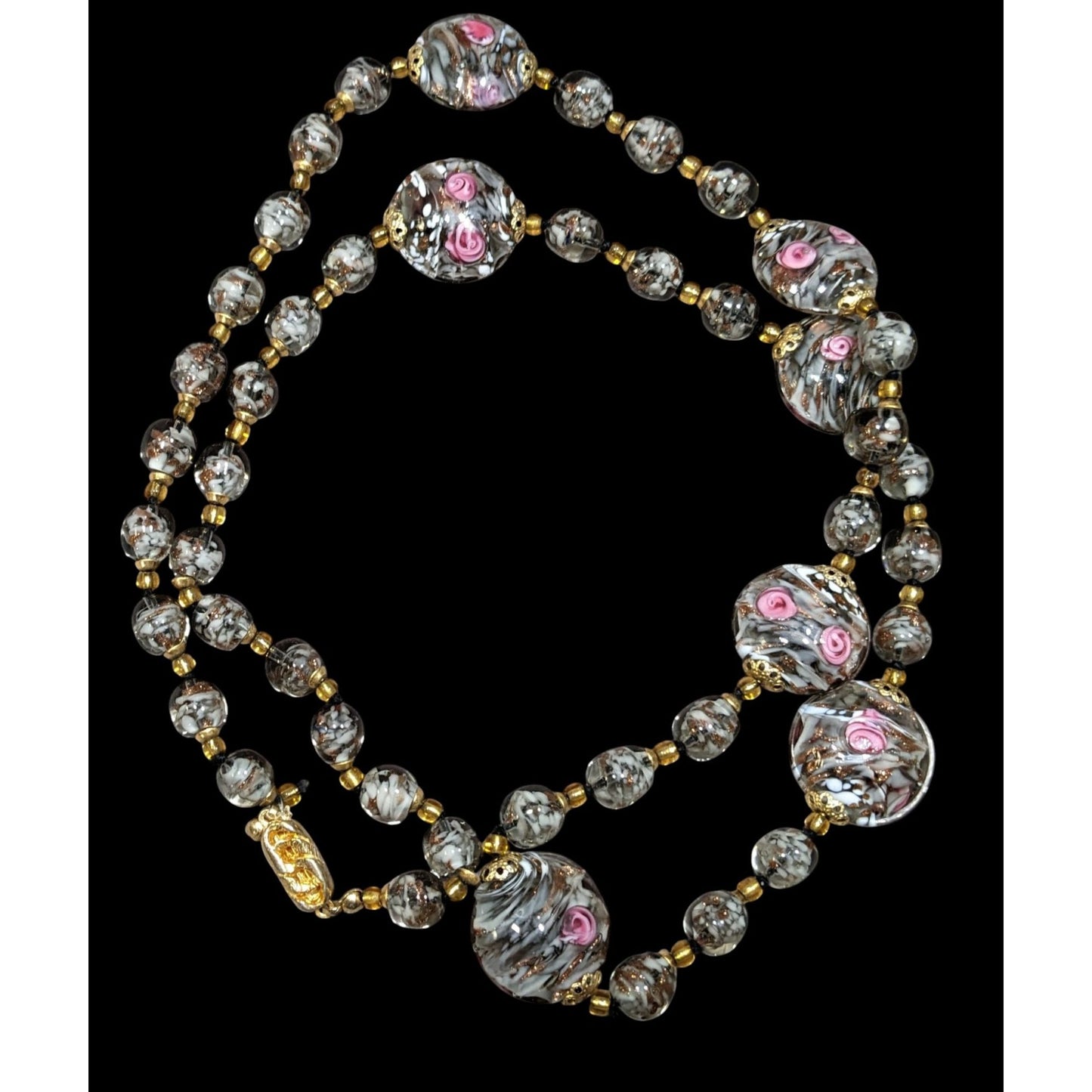 Vintage Coquette Floral Lampwork Glass Beaded Necklace Pink Grey And Gold Tone