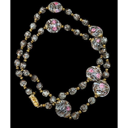 Vintage Coquette Floral Lampwork Glass Beaded Necklace Pink Grey And Gold Tone