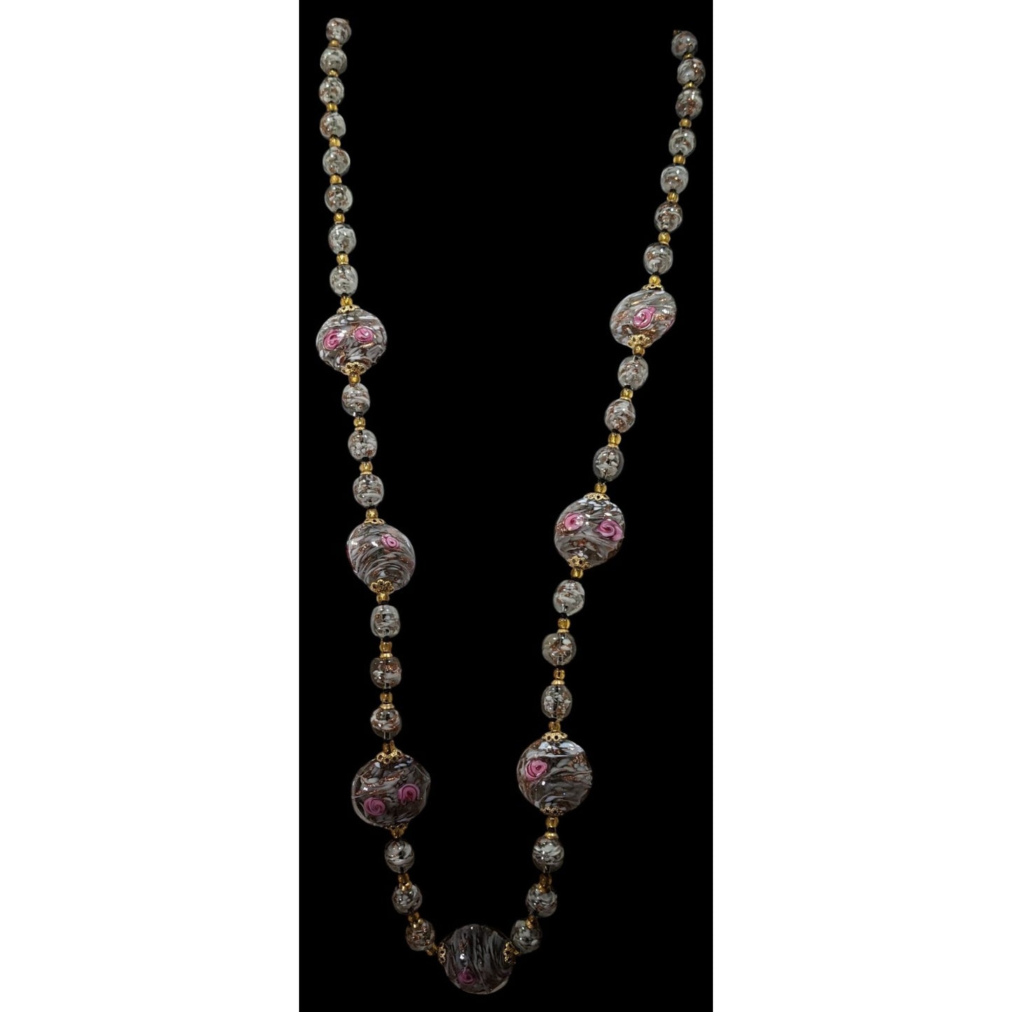 Vintage Coquette Floral Lampwork Glass Beaded Necklace Pink Grey And Gold Tone