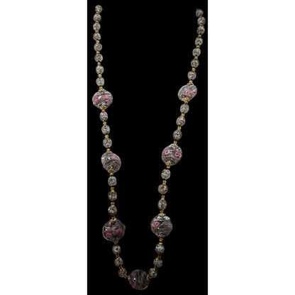 Vintage Coquette Floral Lampwork Glass Beaded Necklace Pink Grey And Gold Tone