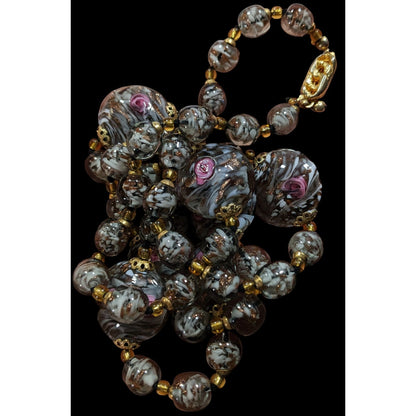Vintage Coquette Floral Lampwork Glass Beaded Necklace Pink Grey And Gold Tone