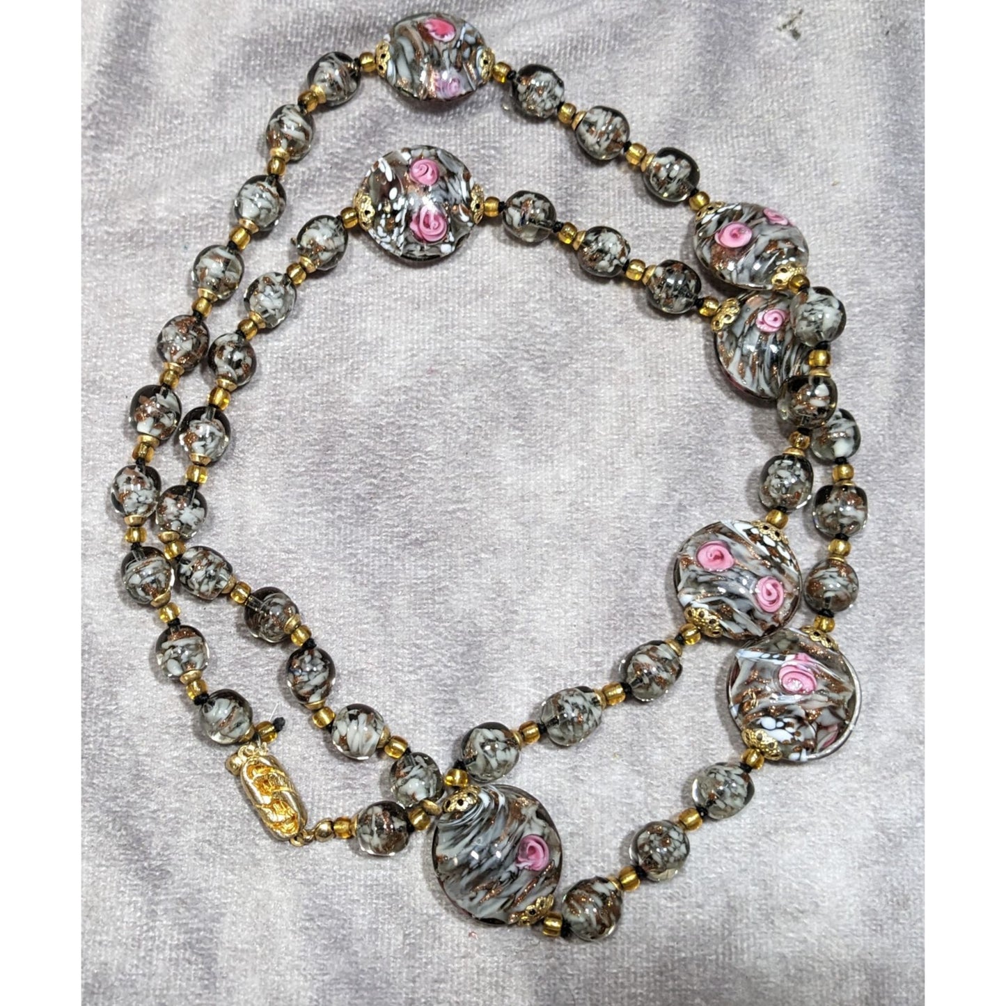 Vintage Coquette Floral Lampwork Glass Beaded Necklace Pink Grey And Gold Tone