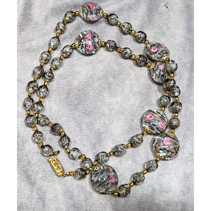Vintage Coquette Floral Lampwork Glass Beaded Necklace Pink Grey And Gold Tone