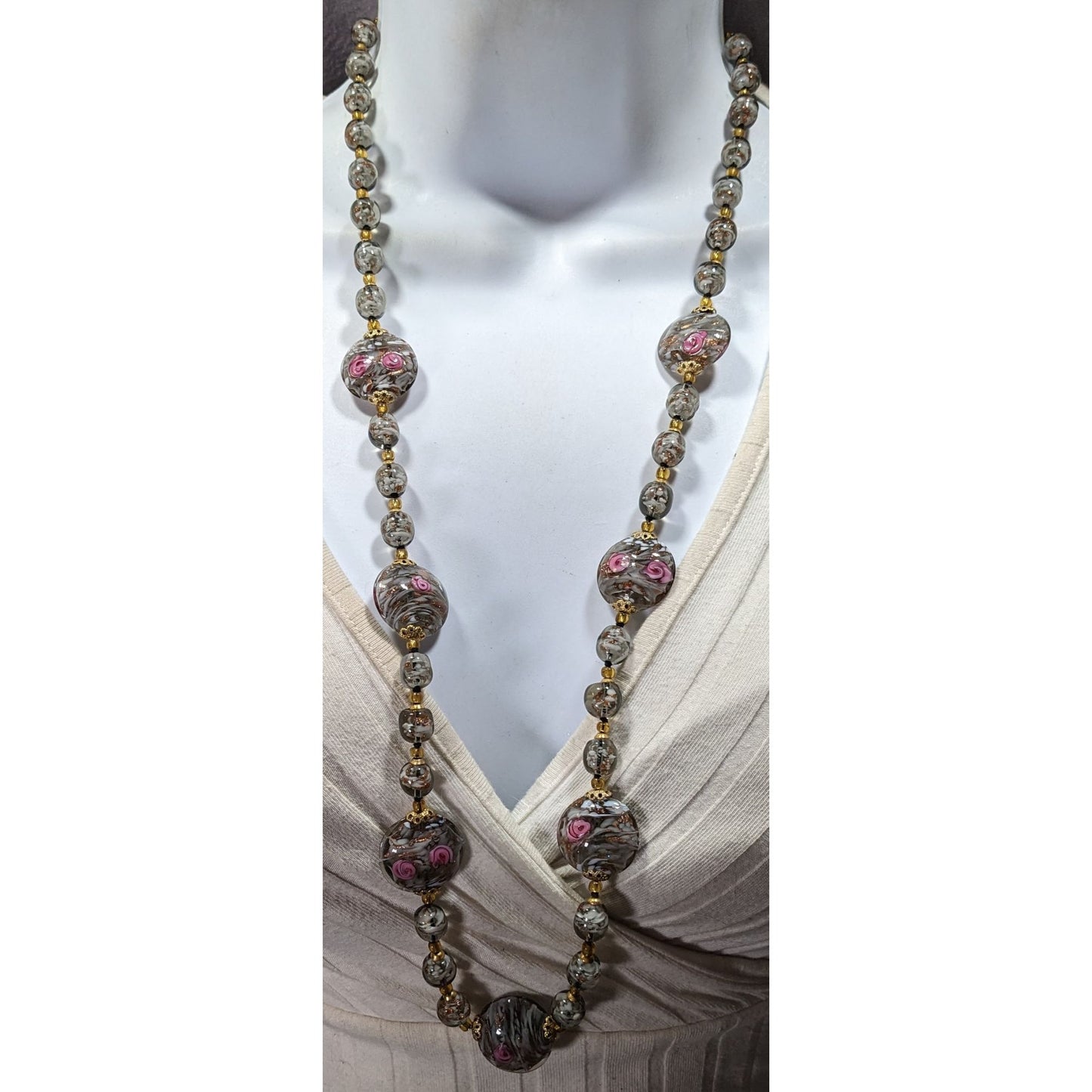 Vintage Coquette Floral Lampwork Glass Beaded Necklace Pink Grey And Gold Tone