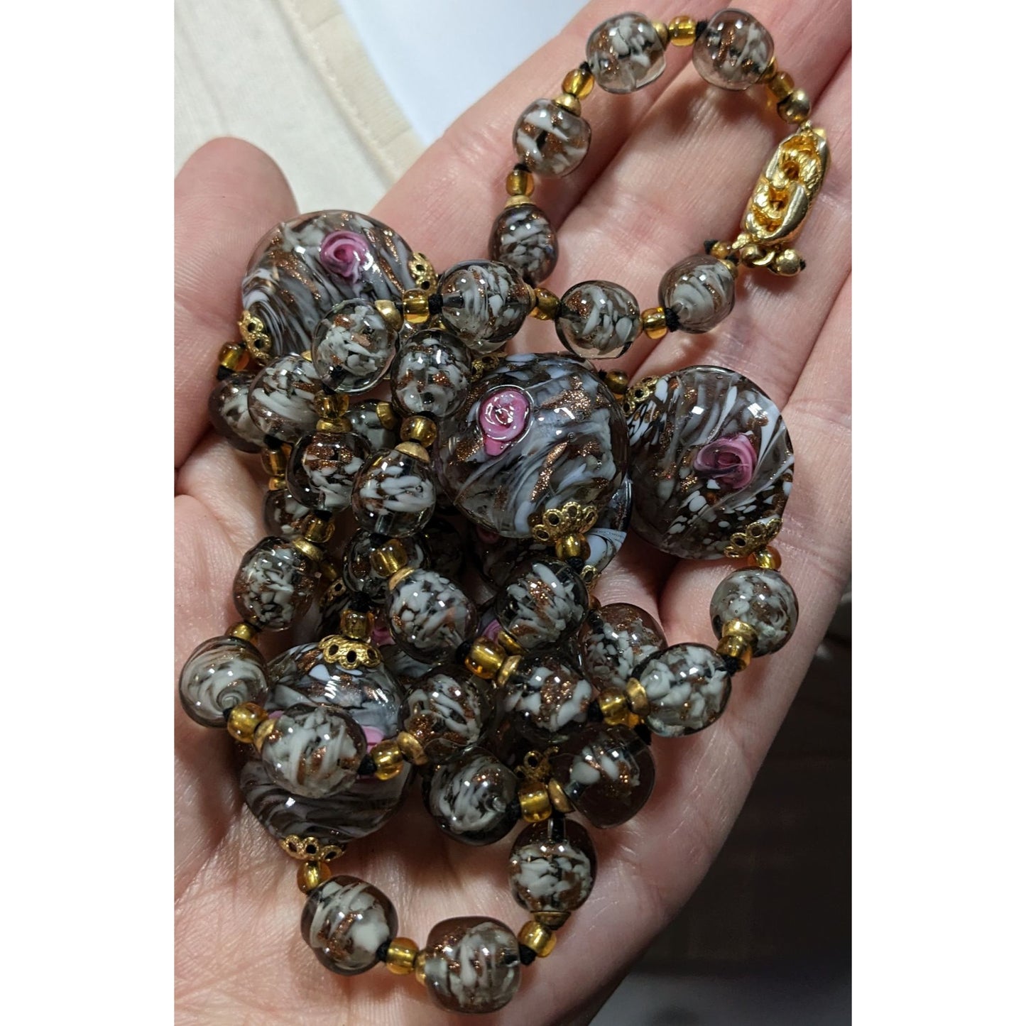 Vintage Coquette Floral Lampwork Glass Beaded Necklace Pink Grey And Gold Tone