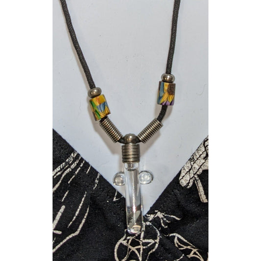 Cross Vial Pendant Necklace Adjustable Cord Rice Name Art "Nicole" Boho Witchy Jewelry