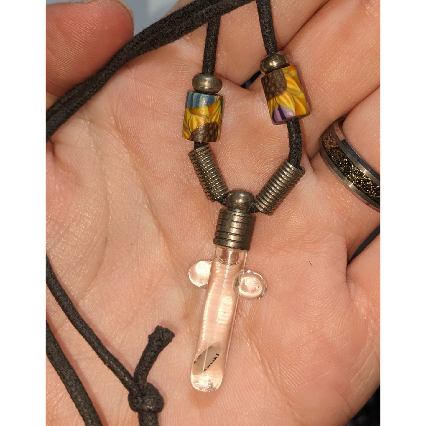 Cross Vial Pendant Necklace Adjustable Cord Rice Name Art "Nicole" Boho Witchy Jewelry