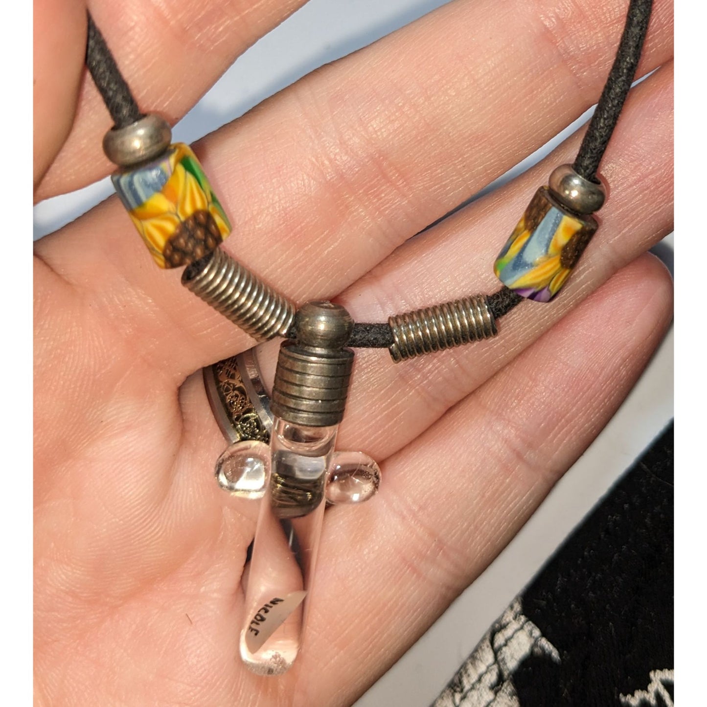Cross Vial Pendant Necklace Adjustable Cord Rice Name Art "Nicole" Boho Witchy Jewelry