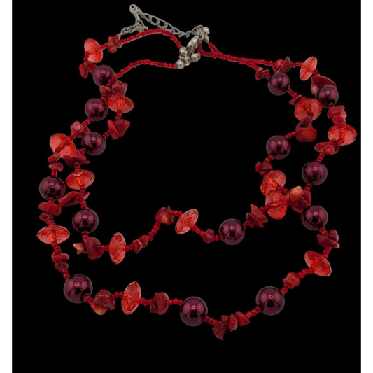 Vintage Red Beaded Glass Shell And Pearl Beaded Necklace