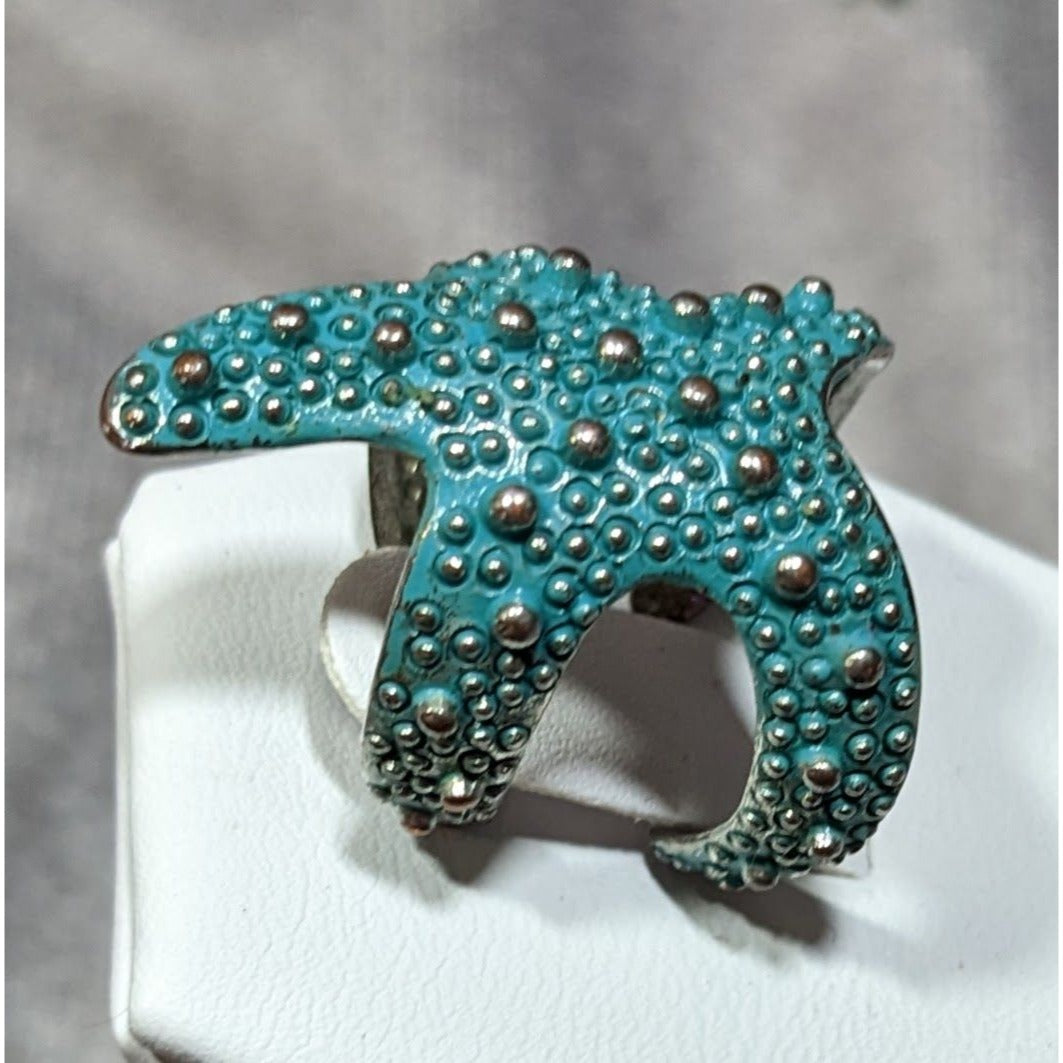 Whimsical Mermaidcore Starfish Wrap Ring Blue And Silver Tone