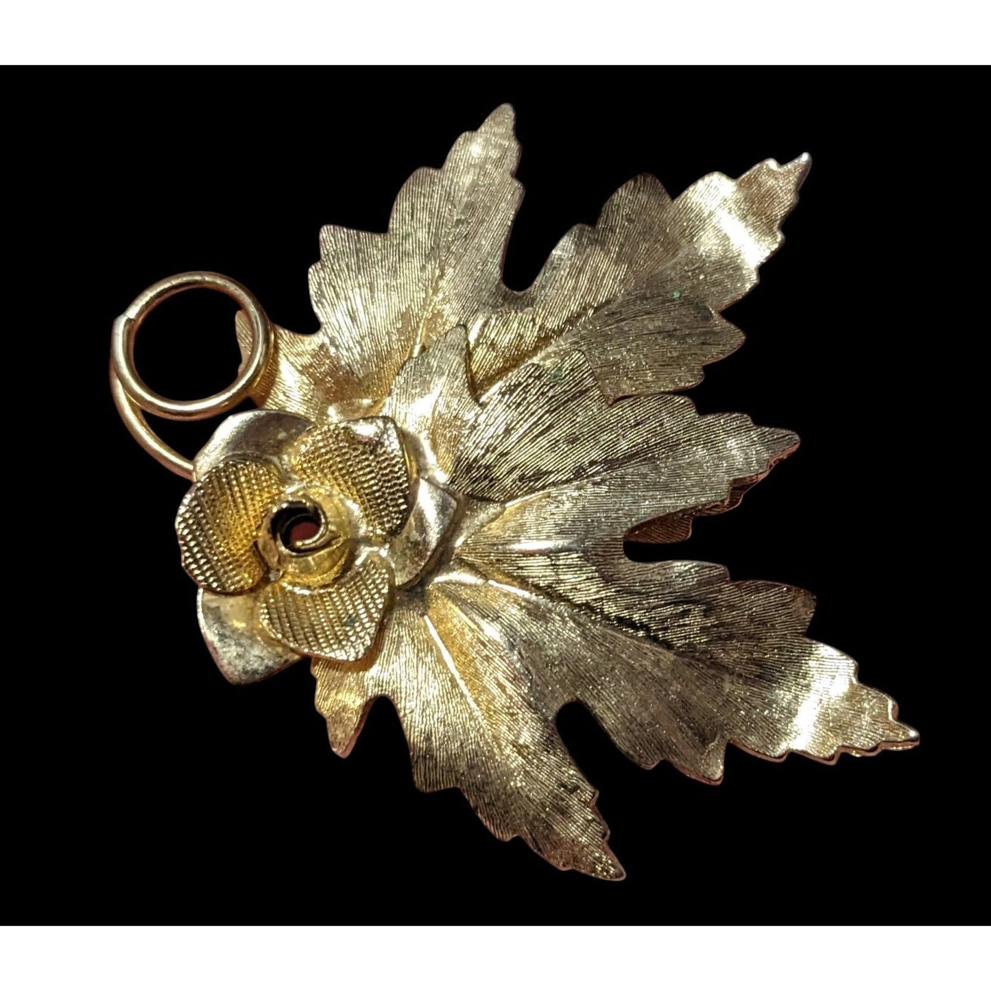 Vintage Gold Tone Leaf And Rose Textured Brooch