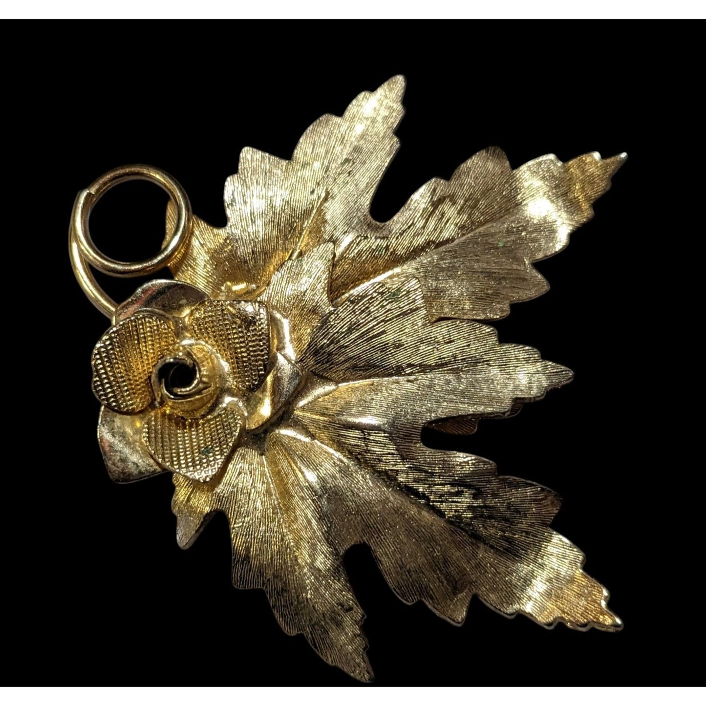 Vintage Gold Tone Leaf And Rose Textured Brooch