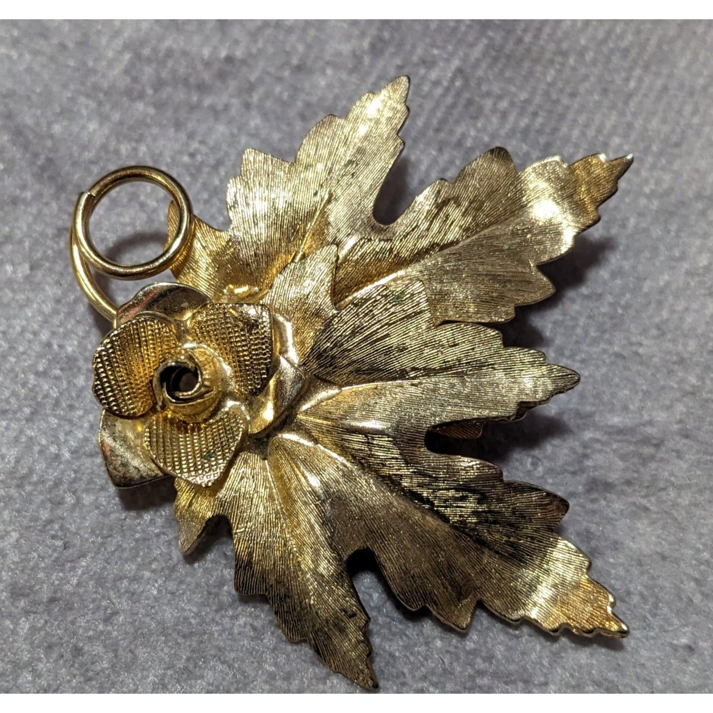 Vintage Gold Tone Leaf And Rose Textured Brooch