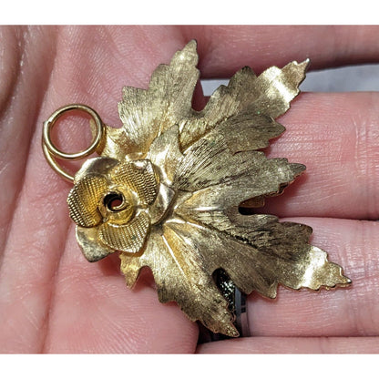 Vintage Gold Tone Leaf And Rose Textured Brooch