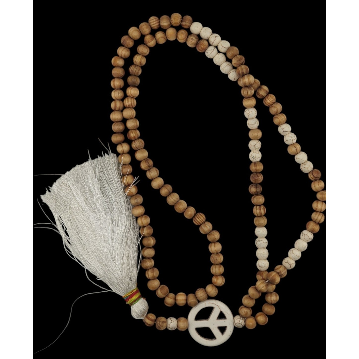 Bohemian Peace Pendant Necklace With Wood & Stone Beads White Tassel