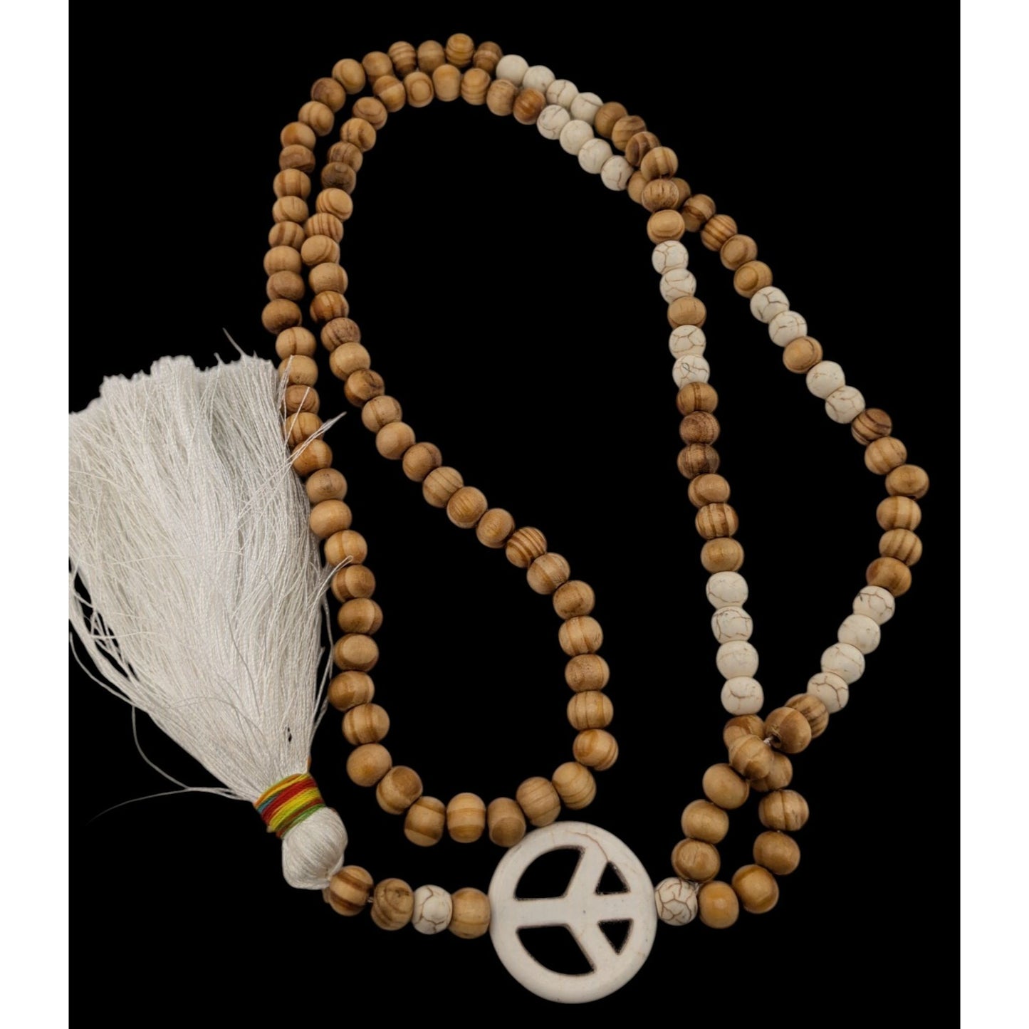 Bohemian Peace Pendant Necklace With Wood & Stone Beads White Tassel