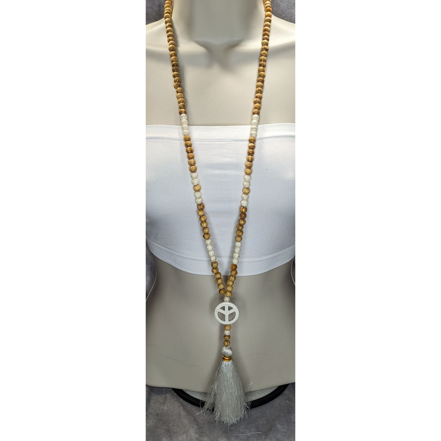 Bohemian Peace Pendant Necklace With Wood & Stone Beads White Tassel