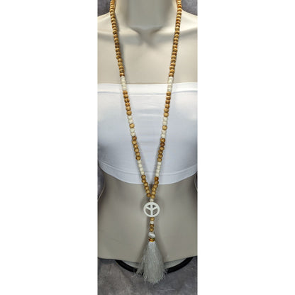 Bohemian Peace Pendant Necklace With Wood & Stone Beads White Tassel
