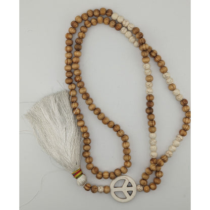 Bohemian Peace Pendant Necklace With Wood & Stone Beads White Tassel