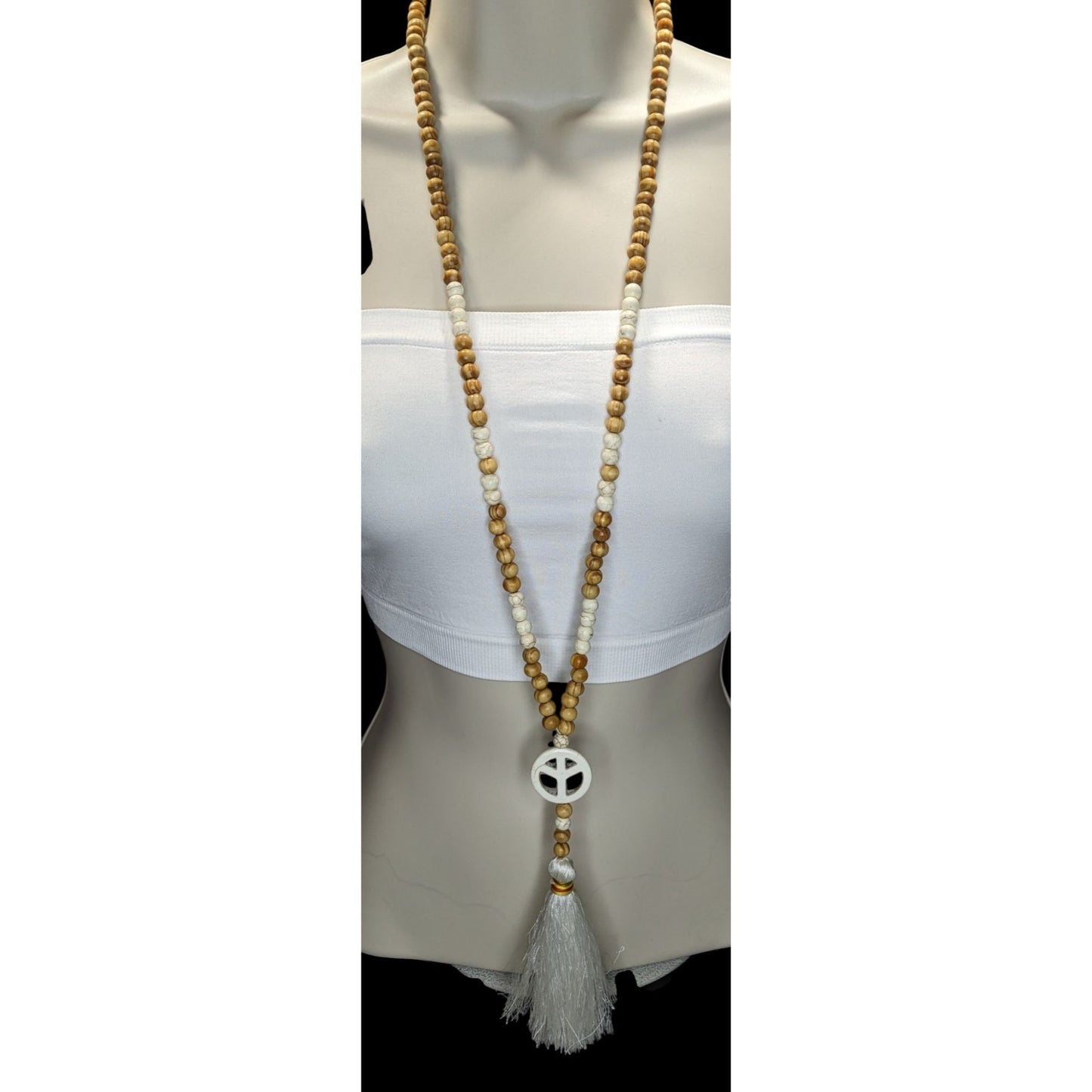 Bohemian Peace Pendant Necklace With Wood & Stone Beads White Tassel