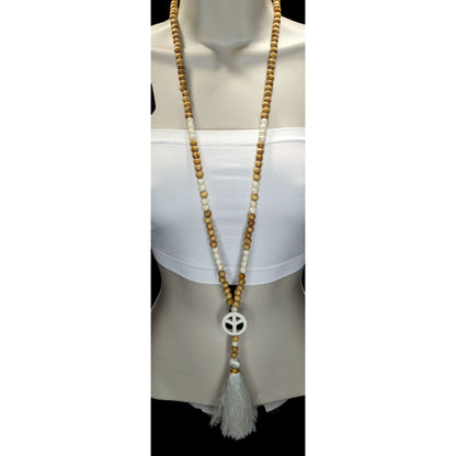 Bohemian Peace Pendant Necklace With Wood & Stone Beads White Tassel