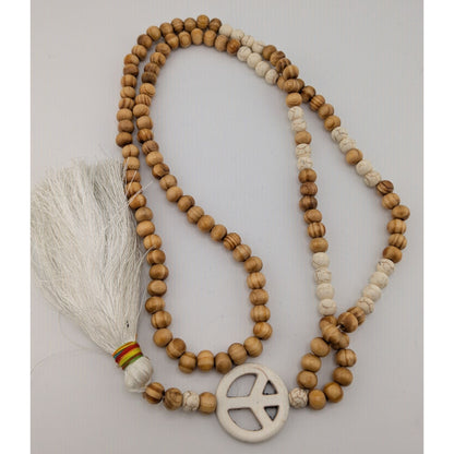 Bohemian Peace Pendant Necklace With Wood & Stone Beads White Tassel