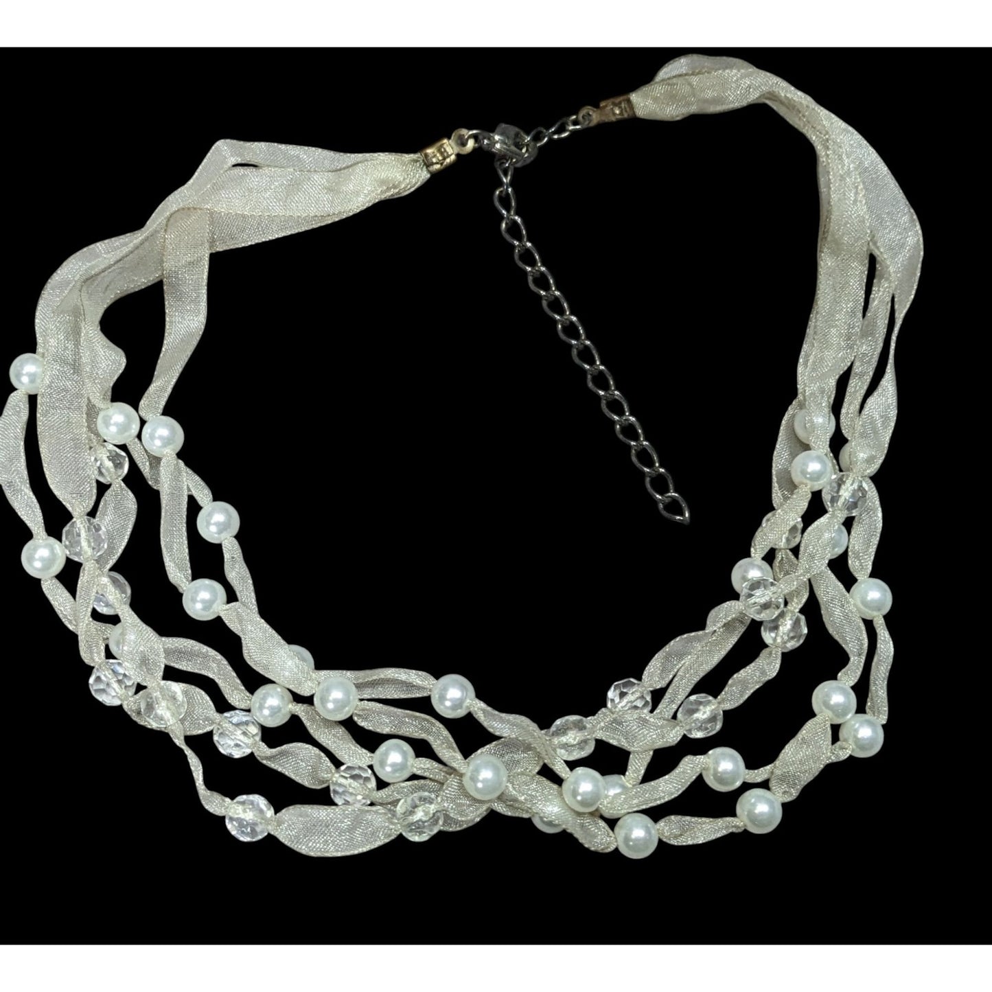 Elegant Ivory Ribbon & Faux Pearl Multi-Strand Necklace